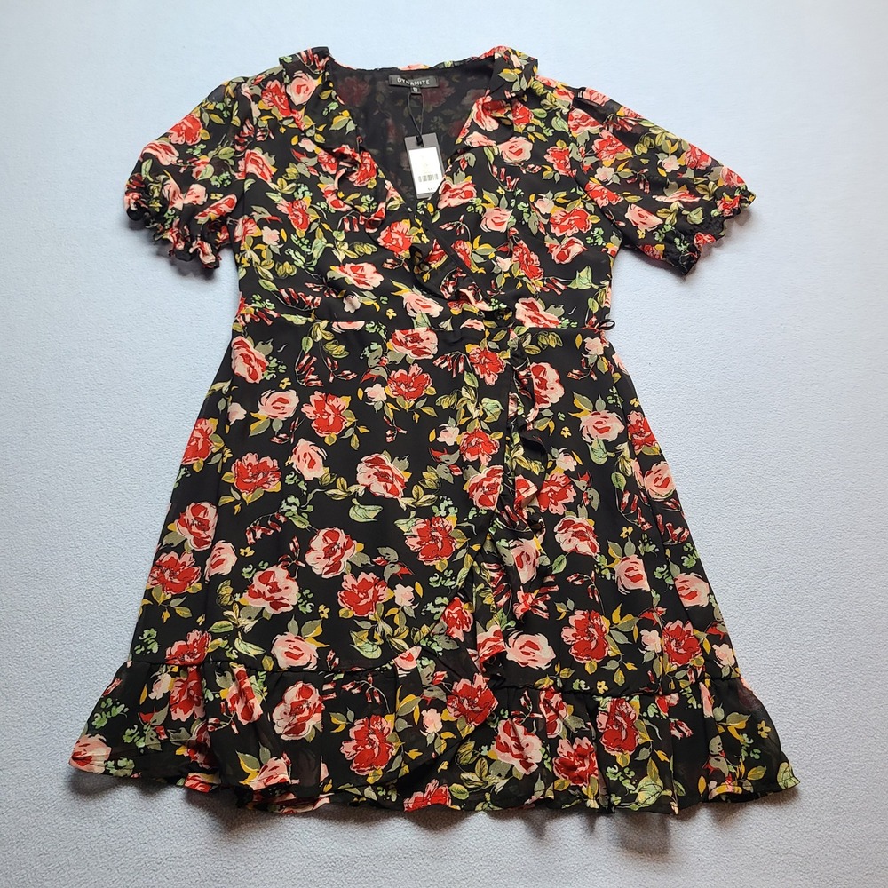Dynamite Floral V-Neck Dress Womens Large Black NEW Ruffle Frill‎ Hem Mini